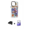 ieg™ iPhone 14 Pro Max Kılıf Siluet Çizgi Koleksiyonu - Siyah Bilvis 5in1 5D Magic Hayalet Cam Ekran Koruyucu + Gümüş Raze Metal Kamera Lens