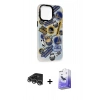 ieg™ iPhone 14 Pro Max Kılıf Siluet Çizgi Koleksiyonu - Siyah Bilvis 5in1 5D Magic Hayalet Cam Ekran Koruyucu + Gümüş Raze Metal Kamera Lens