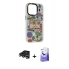 ieg™ iPhone 14 Pro Max Kılıf Siluet Çizgi Koleksiyonu - Siyah Bilvis 5in1 5D Magic Hayalet Cam Ekran Koruyucu + Gümüş Raze Metal Kamera Lens