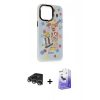 ieg™ iPhone 14 Pro Max Kılıf Siluet Çizgi Koleksiyonu - Siyah Bilvis 5in1 5D Magic Hayalet Cam Ekran Koruyucu + Gümüş Raze Metal Kamera Lens