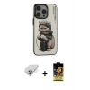 ieg™ iPhone 14 Pro Max Kılıf Siluet Modern Özel Seri - Siyah Buffer Cam Ekran Koruyucu + Gümüş Band Metal Kamera Lens
