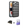 ieg™ iPhone 14 Pro Max Kılıf Yadigar Doku Özel Seri - Siyah Bilvis 5in1 5D Magic Hayalet Cam Ekran Koruyucu + Gold Raze Metal Kamera Lens