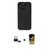 ieg™ iPhone 14 Pro Max Kılıf Zirve Işık Serisi - Siyah Buffer Cam Ekran Koruyucu + Gold Bilvis Titan Kamera Lens