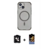 ieg™ iPhone 15 Kılıf Eksen Klasik Koleksiyonu - Siyah Buffer Hayalet Cam Ekran Koruyucu + Turuncu PVD Metal Kamera Lens