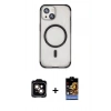 ieg™ iPhone 15 Kılıf Eksen Klasik Koleksiyonu - Siyah Buffer Hayalet Cam Ekran Koruyucu + Turuncu PVD Metal Kamera Lens