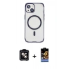 ieg™ iPhone 15 Kılıf Eksen Klasik Koleksiyonu - Siyah Buffer Hayalet Cam Ekran Koruyucu + Turuncu PVD Metal Kamera Lens