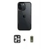 ieg™ iPhone 15 Pro Max Kılıf Akış Çizgi Koleksiyonu - Siyah Joko Magic 5D Hayalet Cam + Lacivert PVD Metal Kamera Lens