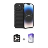 ieg™ iPhone 15 Pro Max Kılıf Atlas Koleksiyonu - Siyah Bilvis 5in1 3D Magic Cam Ekran Koruyucu + Turuncu PVD Metal Kamera Lens