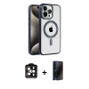 ieg™ iPhone 15 Pro Max Kılıf Eksen Form Koleksiyonu - Siyah 3D Antistatik Hayalet Cam Ekran Koruyucu + Turuncu PVD Metal Kamera Lens