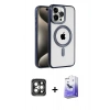 ieg™ iPhone 15 Pro Max Kılıf Eksen Form Koleksiyonu - Siyah Bilvis 5in1 5D Magic Hayalet Cam Ekran Koruyucu + Gri PVD Metal Kamera Lens