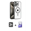 ieg™ iPhone 15 Pro Max Kılıf Eksen Form Koleksiyonu - Siyah Bilvis 5in1 5D Magic Hayalet Cam Ekran Koruyucu + Gri PVD Metal Kamera Lens