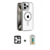 ieg™ iPhone 15 Pro Max Kılıf Eksen Form Koleksiyonu - Siyah Polymer Nano Ekran Koruyucu + Gümüş PVD Metal Kamera Lens