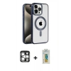 ieg™ iPhone 15 Pro Max Kılıf Eksen Form Koleksiyonu - Siyah Polymer Nano Ekran Koruyucu + Gümüş PVD Metal Kamera Lens
