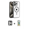 ieg™ iPhone 15 Pro Max Kılıf Eksen Form Koleksiyonu - Siyah Polymer Nano Ekran Koruyucu + Gümüş PVD Metal Kamera Lens