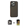 ieg™ iPhone 15 Pro Max Kılıf Eksen Işık - Siyah Buffer Cam Ekran Koruyucu + Turuncu PVD Metal Kamera Lens