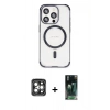 ieg™ iPhone 15 Pro Max Kılıf Eksen Klasik Koleksiyonu - Şeffaf 360 Full Body Arka Koruyucu + Gri PVD Metal Kamera Lens