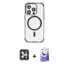 ieg™ iPhone 15 Pro Max Kılıf Eksen Klasik Koleksiyonu - Siyah Bilvis 5in1 5D Magic Hayalet Cam Ekran Koruyucu + Gri PVD Metal Kamera Lens