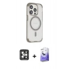 ieg™ iPhone 15 Pro Max Kılıf Eksen Klasik Koleksiyonu - Siyah Bilvis 5in1 5D Magic Hayalet Cam Ekran Koruyucu + Gri PVD Metal Kamera Lens