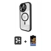 ieg™ iPhone 15 Pro Max Kılıf Kıvılcım Modern Koleksiyonu - Siyah Buffer Hayalet Cam Ekran Koruyucu + Siyah PVD Metal Kamera Lens