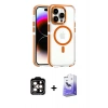 ieg™ iPhone 15 Pro Max Kılıf Kozmos Doku Koleksiyonu - Siyah Bilvis 5in1 5D Magic Hayalet Cam Ekran Koruyucu + Turuncu PVD Metal Kamera Lens
