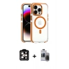 ieg™ iPhone 15 Pro Max Kılıf Kozmos Doku Koleksiyonu - Siyah Vanessa Magic Hayalet Cam + Turuncu PVD Metal Kamera Lens