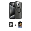 ieg™ iPhone 15 Pro Max Kılıf Nova Asil Prime - Siyah Buffer Hayalet Cam Ekran Koruyucu + Gri PVD Metal Kamera Lens