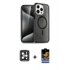 ieg™ iPhone 15 Pro Max Kılıf Nova Asil Prime - Siyah Buffer Hayalet Cam Ekran Koruyucu + Siyah PVD Metal Kamera Lens