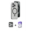 ieg™ iPhone 15 Pro Max Kılıf Odak Form Özel Seri - Siyah Bilvis 5in1 3D Magic Cam Ekran Koruyucu + Lacivert PVD Metal Kamera Lens