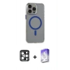 ieg™ iPhone 15 Pro Max Kılıf Odak Form Özel Seri - Siyah Bilvis 5in1 3D Magic Cam Ekran Koruyucu + Lacivert PVD Metal Kamera Lens