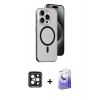 ieg™ iPhone 15 Pro Max Kılıf Odak Form Özel Seri - Siyah Bilvis 5in1 5D Magic Hayalet Cam Ekran Koruyucu + Siyah PVD Metal Kamera Lens