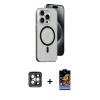ieg™ iPhone 15 Pro Max Kılıf Odak Form Özel Seri - Siyah Buffer Hayalet Cam Ekran Koruyucu + Gri PVD Metal Kamera Lens