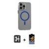 ieg™ iPhone 15 Pro Max Kılıf Odak Form Özel Seri - Siyah Buffer Hayalet Cam Ekran Koruyucu + Gri PVD Metal Kamera Lens