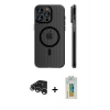 ieg™ iPhone 15 Pro Max Kılıf Pusula Minimal Koleksiyonu - Siyah Polymer Nano Ekran Koruyucu + Gümüş Raze Metal Kamera Lens
