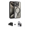 ieg™ iPhone 15 Pro Max Kılıf Yadigar Asil Koleksiyonu - Siyah Vanessa Magic Hayalet Cam + Titanyum Gri Raze Metal Kamera Lens