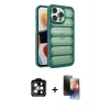 ieg™ iPhone 15 Pro Max Kılıf Yadigar Doku Özel Seri - Siyah 3D Antistatik Mat Seramik Nano Ekran Koruyucu + Turuncu PVD Metal Kamera Lens