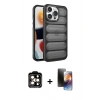 ieg™ iPhone 15 Pro Max Kılıf Yadigar Doku Özel Seri - Siyah 3D Antistatik Mat Seramik Nano Ekran Koruyucu + Turuncu PVD Metal Kamera Lens