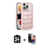 ieg™ iPhone 15 Pro Max Kılıf Yadigar Doku Özel Seri - Siyah 3D Antistatik Mat Seramik Nano Ekran Koruyucu + Turuncu PVD Metal Kamera Lens