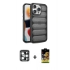 ieg™ iPhone 15 Pro Max Kılıf Yadigar Doku Özel Seri - Siyah Buffer Cam Ekran Koruyucu + Lacivert PVD Metal Kamera Lens