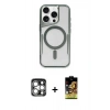 ieg™ iPhone 15 Pro Max Kılıf Yadigar Klasik Özel Seri - Siyah Buffer Cam Ekran Koruyucu + Gümüş PVD Metal Kamera Lens