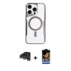 ieg™ iPhone 15 Pro Max Kılıf Yadigar Klasik Özel Seri - Siyah Buffer Hayalet Cam Ekran Koruyucu + Gümüş Raze Metal Kamera Lens