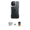 ieg™ iPhone 16 Pro Max Kılıf Akış Çizgi Koleksiyonu - Siyah Buffer Cam Ekran Koruyucu + Gümüş Pers Alüminyum Kamera Lens