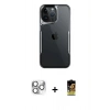 ieg™ iPhone 16 Pro Max Kılıf Akış Çizgi Koleksiyonu - Siyah Buffer Cam Ekran Koruyucu + Gümüş Pers Alüminyum Kamera Lens