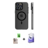 ieg™ iPhone 16 Pro Max Kılıf Pusula Minimal Koleksiyonu - Siyah Bilvis 5in1 5D Magic Hayalet Cam Ekran Koruyucu + Natural Grey Raze Metal Kamera Lens