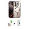 ieg™ iPhone 16 Pro Max Kılıf Yadigar Asil Koleksiyonu - Şeffaf Pasifik Cam Ekran Koruyucu + Natural Grey Raze Metal Kamera Lens
