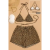 Kadın 3lü Set Leopar Desenli Şortlu Ve Yandan Bağlamalı Bikini Mayo Takımı