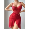 Kadın Ateş Kırmızısı Önden Yırtmaçlı Tül Fantezi Gecelik 2241