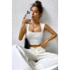 Kadın Beyaz Kare Yaka Kalınlaşan Omuz Detaylı Crop Top Bluz