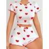 Kadın Beyaz kırmızı kalp Desenli şortlu Gecelik Takım 5023