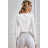Kadın Beyaz Uzun Kollu Önden Bağlama Detaylı Crop Top Bluz