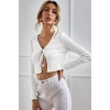 Kadın Beyaz Uzun Kollu Önden Bağlama Detaylı Crop Top Bluz